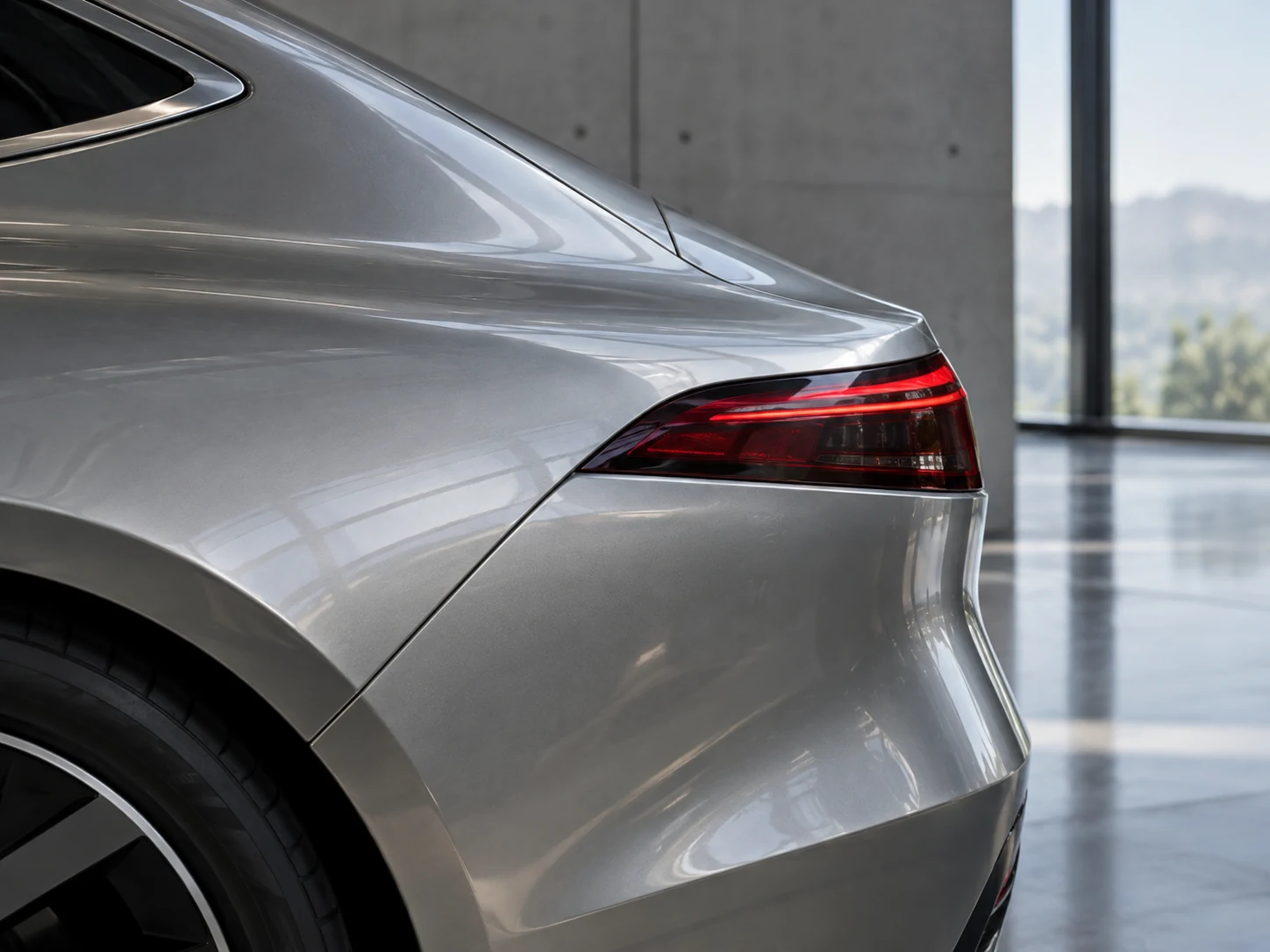 Detail of a silver vehicle in a contemporary showroom